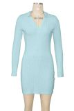 Cyan Sexy Solid Color Patchwork V Neck Wrapped Skirt Dresses