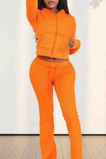 Tangerine Red Casual Solid Color Draw String Pocket Patchwork Zipper Zipper Collar Long Sleeve Two Pieces