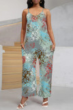 Blue Casual Street Floral Print Pocket V Neck Loose Jumpsuits