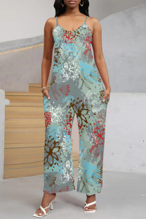 Blue Gray Casual Street Floral Print Pocket V Neck Loose Jumpsuits