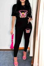 Black Casual Print Patchwork O Neck Short Sleeve Two Pieces
