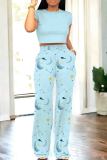 Light Pink Casual Print Pocket Patchwork O Neck Short Sleeve Two Pieces