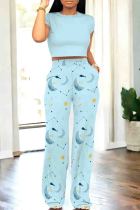 Sky Blue Casual Print Pocket Patchwork O Neck Short Sleeve Two Pieces