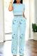 Sky Blue Casual Print Pocket Patchwork O Neck Short Sleeve Two Pieces