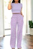 Light Pink Casual Print Pocket Patchwork O Neck Short Sleeve Two Pieces