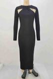 Blue Elegant Hollow Out Patchwork Contrast O Neck Long Dresses