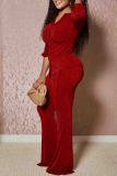 Burgundy Casual Solid Color Buckle Patchwork Ruched Turndown Collar Long Sleeve Two Pieces