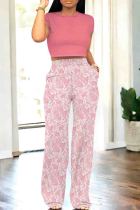 Pink Casual Print Pocket Patchwork O Neck Short Sleeve Two Pieces