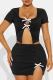 Black Sexy Solid Color Patchwork Slit Bow Decor U Neck Short Sleeve Two Pieces