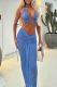 Blue Sexy Solid Color Draw String Patchwork Backless Halter Sleeveless Two Pieces