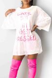 Pink Casual Letters Sequins Patchwork O Neck Straight Dresses