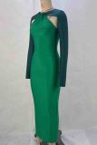 Blue Elegant Hollow Out Patchwork Contrast O Neck Long Dresses