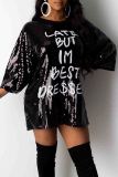 Pink Casual Letters Sequins Patchwork O Neck Straight Dresses