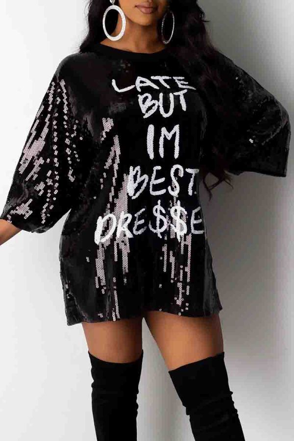 Black Casual Letters Sequins Patchwork O Neck Straight Dresses