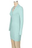 Cyan Sexy Solid Color Patchwork V Neck Wrapped Skirt Dresses