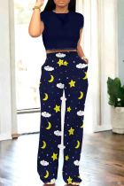 Tibetan Blue Casual Print Pocket Patchwork O Neck Short Sleeve Two Pieces