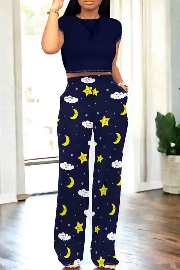 Tibetan Blue Casual Print Pocket Patchwork O Neck Short Sleeve Two Pieces