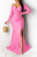 Pink Sexy Prom Solid Color Slit Ruched V Neck Evening Dresses