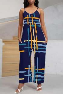 Navy Blue Sexy Street Geometric Print Stripe Pocket Contrast V Neck Boot Cut Jumpsuits
