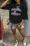 Black Casual Street Graffiti Print O Neck T-Shirts