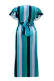 Multicolor Elegant Colorblock Patchwork Strap Design Ruffled Trim O Neck A Line Plus Size Dresses