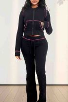 Black Casual Solid Color Draw String Pocket Patchwork Zipper Zipper Collar Long Sleeve Two Pieces