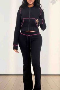 Black Casual Solid Color Draw String Pocket Patchwork Zipper Zipper Collar Long Sleeve Two Pieces