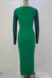 Blue Elegant Hollow Out Patchwork Contrast O Neck Long Dresses