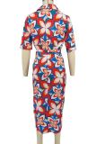 Red Elegant Print Patchwork Strap Design Turndown Collar Printed Dresses