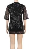 Pink Casual Letters Sequins Patchwork O Neck Straight Dresses
