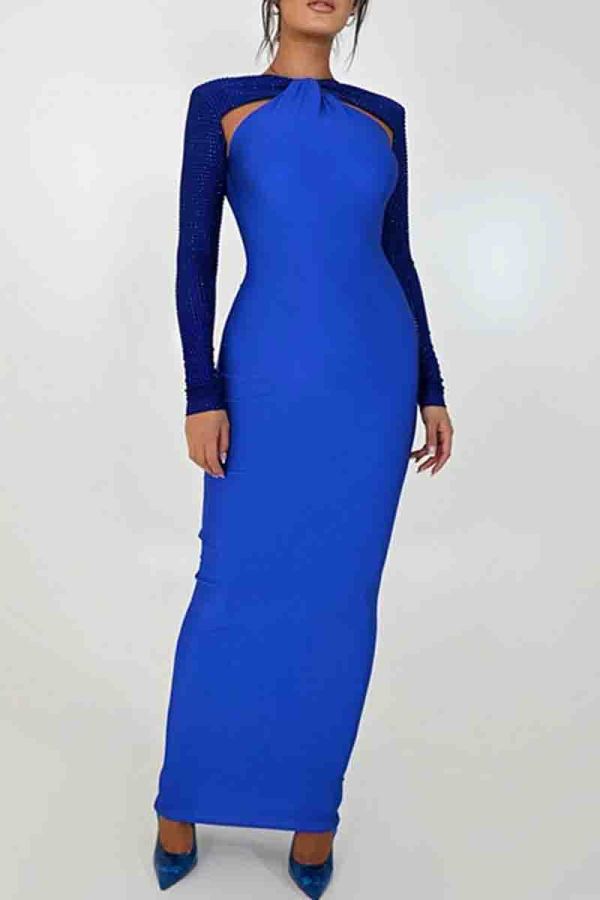 Blue Elegant Hollow Out Patchwork Contrast O Neck Long Dresses