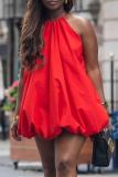 Red Sexy Solid Color Patchwork Strap Design O Neck Bud Dresses