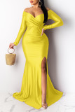 Pink Sexy Prom Solid Color Slit Ruched V Neck Evening Dresses