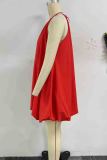 Red Sexy Solid Color Patchwork Strap Design O Neck Bud Dresses