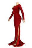 Pink Sexy Prom Solid Color Slit Ruched V Neck Evening Dresses
