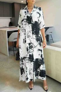 White Elegant Print Pocket Buckle Patchwork Turndown Collar Long Dresses