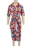Red Elegant Print Patchwork Strap Design Turndown Collar Printed Dresses