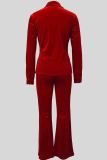 Burgundy Casual Solid Color Buckle Patchwork Ruched Turndown Collar Long Sleeve Two Pieces
