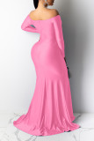 Pink Sexy Prom Solid Color Slit Ruched V Neck Evening Dresses