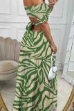 Green Sexy Print Hollow Out Patchwork Backless Off Shoulder Long Dresses