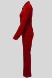 Burgundy Casual Solid Color Buckle Patchwork Ruched Turndown Collar Long Sleeve Two Pieces