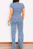 Light Pink Casual Print Pocket Patchwork O Neck Short Sleeve Two Pieces