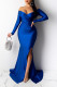 Blue Sexy Prom Solid Color Slit Ruched V Neck Evening Dresses