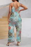 Blue Casual Street Floral Print Pocket V Neck Loose Jumpsuits