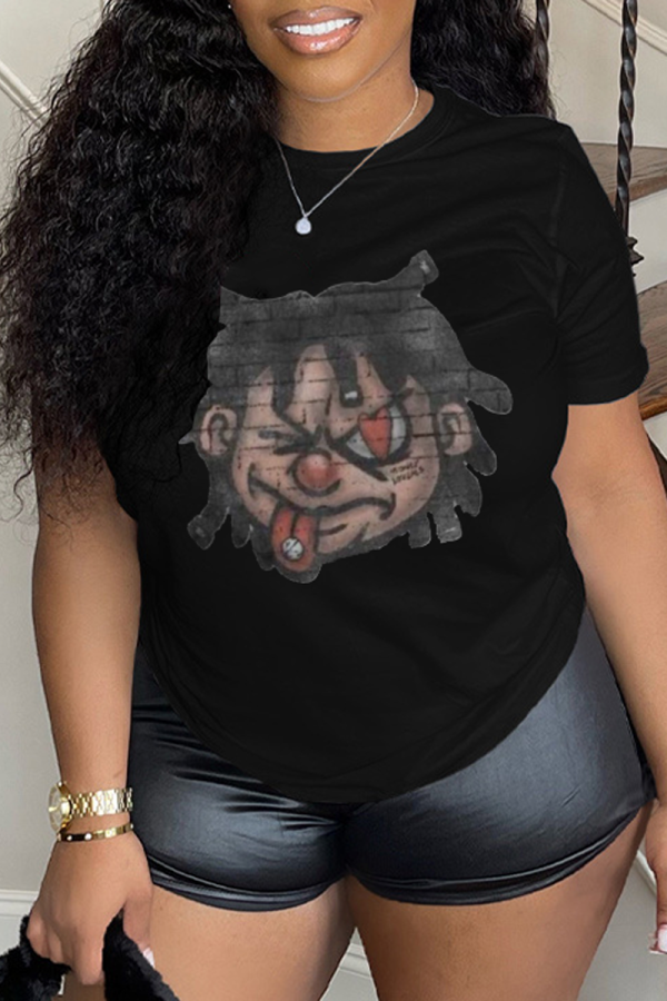 Black Casual Street Graffiti Print O Neck T-Shirts