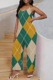 Multicolor Sexy Street Geometric Print Stripe Pocket Contrast V Neck Boot Cut Jumpsuits