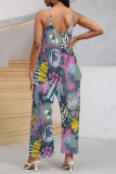 Blue Casual Street Floral Print Pocket V Neck Loose Jumpsuits
