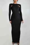 Blue Elegant Hollow Out Patchwork Contrast O Neck Long Dresses