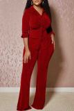 Burgundy Casual Solid Color Buckle Patchwork Ruched Turndown Collar Long Sleeve Two Pieces
