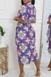 Red Elegant Print Patchwork Strap Design Turndown Collar Printed Dresses